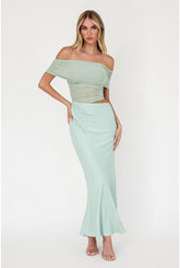 Amaya Mesh One Sleeve Satin Skirt Maxi Dress - Sage Green