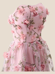 Strapless Pink 3D Floral A-line Long Formal Dress