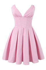V-neck Lavender Pleated Short Party Dress