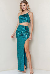 Lexi Sequin One Shoulder Maxi Gown - Teal