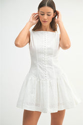 Henley Eyelet Florals Button Up Mini Dress - White