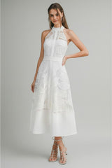 Celine Halter Neck Lace Midi Dress - White