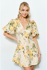 PRE-ORDER ONLY! ETA MAY 30th Savannah Floral Print Puff Sleeve Mini Dress - Yellow