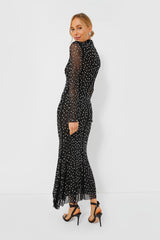 Black Square Rhinestone Mesh Midi Dress