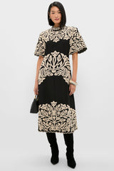 Black Alexandra Embroidery Short Sleeve Midi Dress