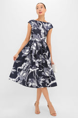 Botanical Engraving Midnight Boat Neck Midi Dress