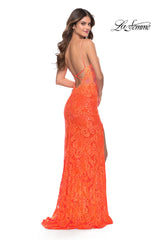Open-Back La Femme Long Neon Lace Prom Dress