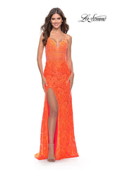 Open-Back La Femme Long Neon Lace Prom Dress