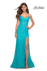 Strappy-Back La Femme Tight Long Lace Prom Dress