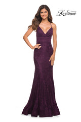 Stretch-Lace La Femme Long Prom Dress with Train