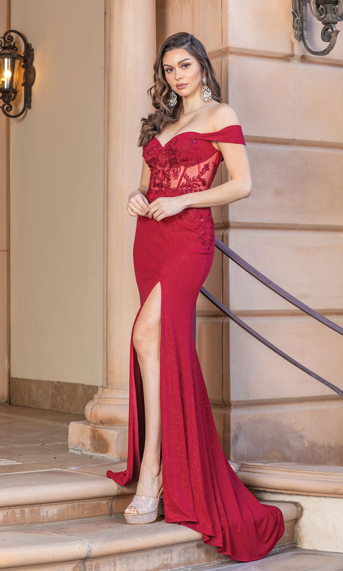 Sheer-Corset Bodice Off-the-Shoulder Prom Dress