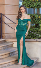 Sheer-Corset Bodice Off-the-Shoulder Prom Dress