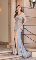 Sheer-Corset Bodice Off-the-Shoulder Prom Dress
