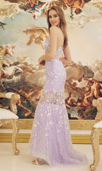 Lilac Floral Sheer-Bodice Long Formal Dress C1195
