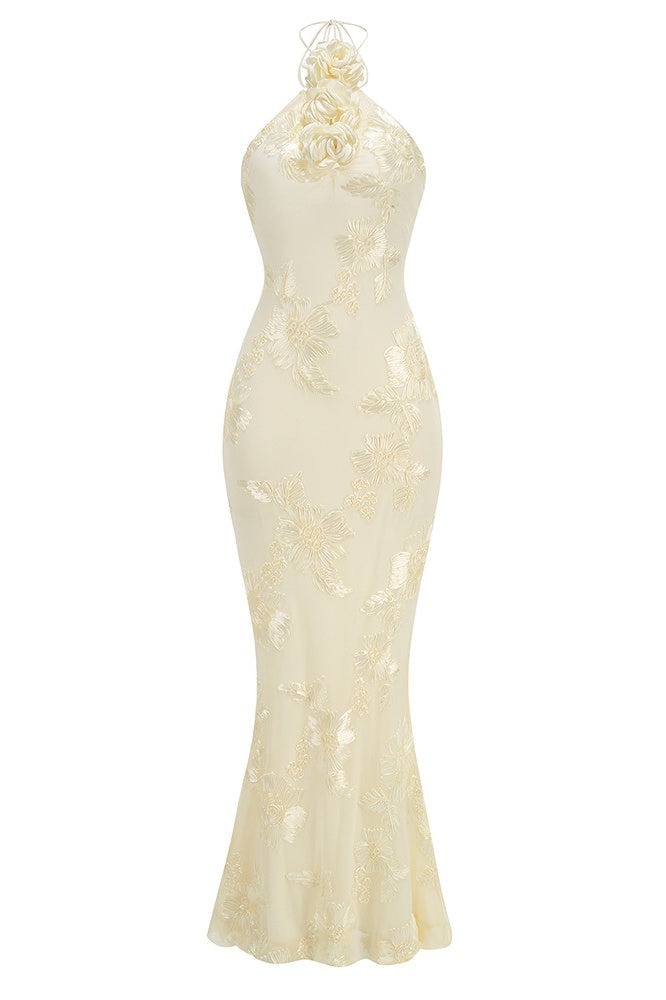 Yellow Halter 3D Flower Mermaid Dresss