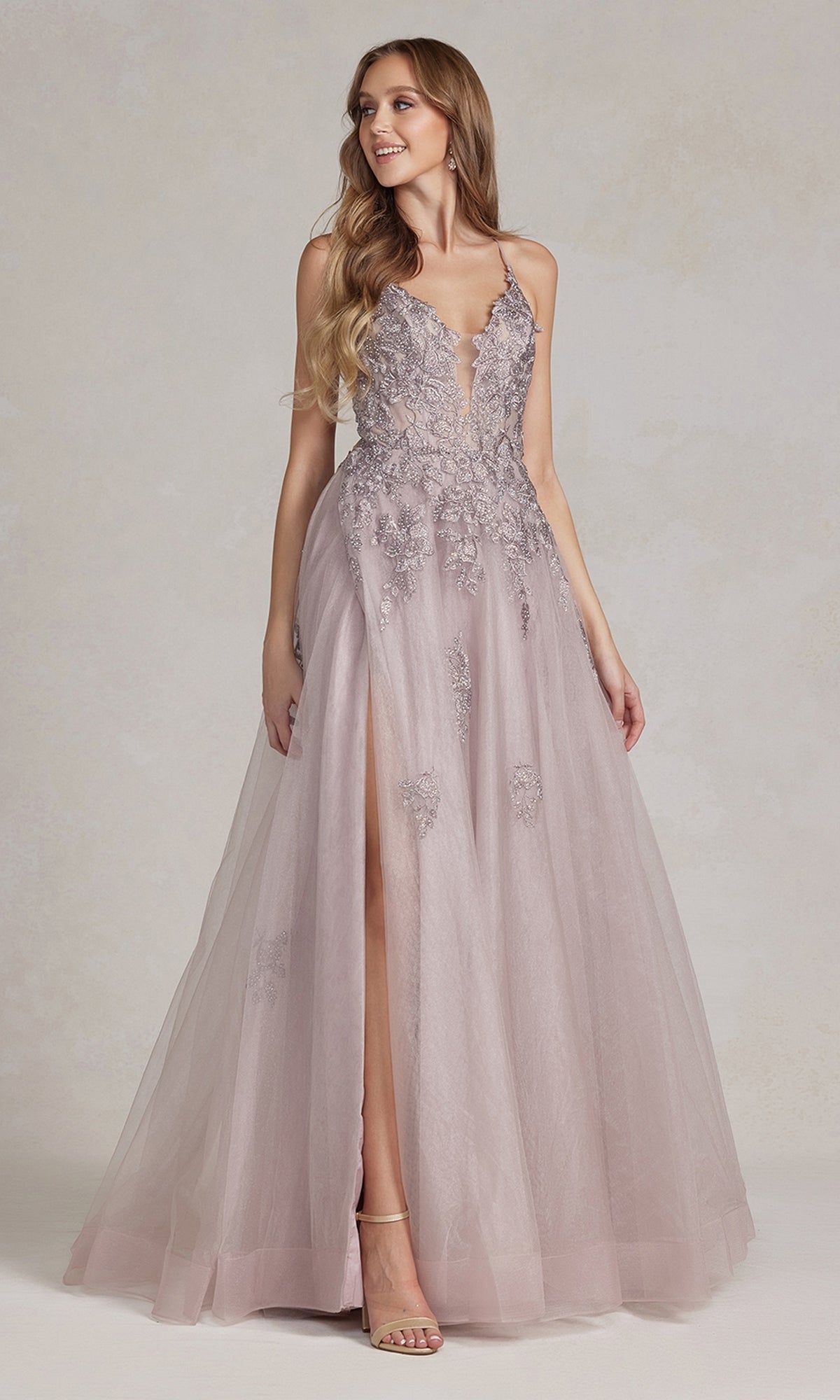 Long A-Line Lace Prom Dress with Wrap-Style Skirt