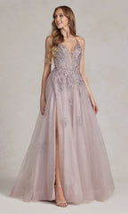 Long A-Line Lace Prom Dress with Wrap-Style Skirt