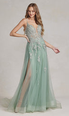 Long A-Line Lace Prom Dress with Wrap-Style Skirt