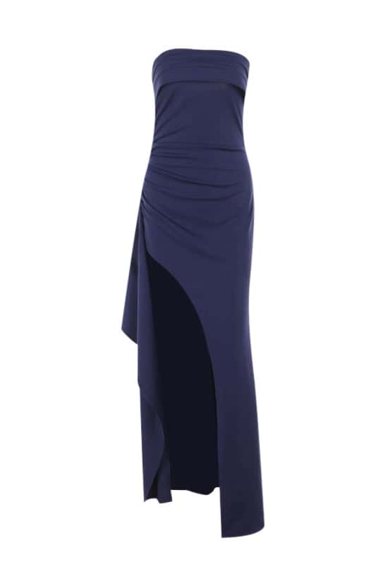Strapless Navy Blue Pleated Long Dress with Slit