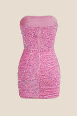 Strapless Pink Bodycon Sequin Short Dress