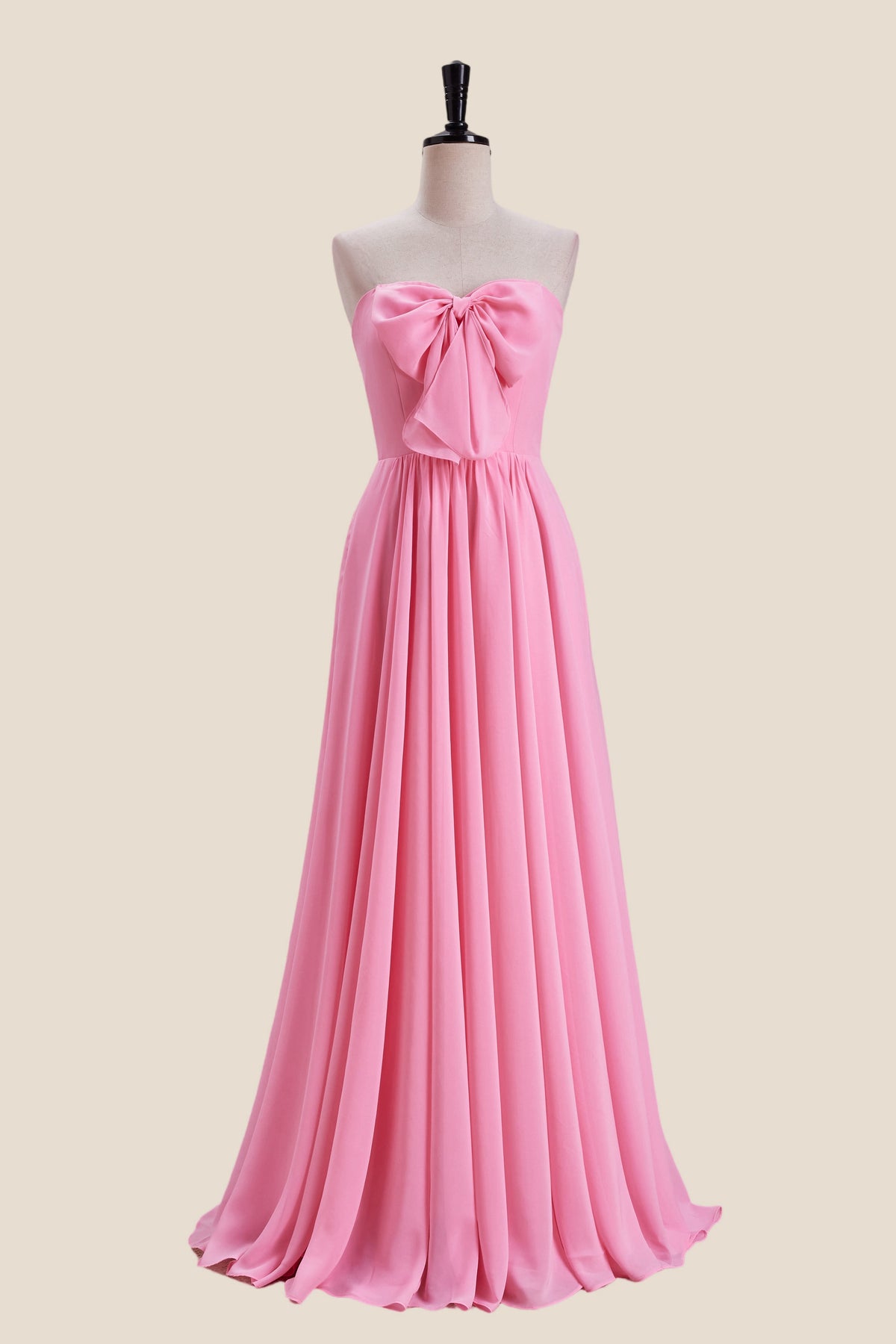 Strapless Pink Bow Front A-line Long Dress