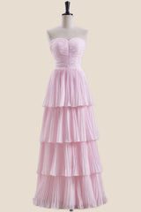Strapless Light Blue Pleated Tiered Long Party Dress