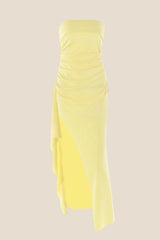 Strapless Navy Blue Pleated Long Dress with Slit