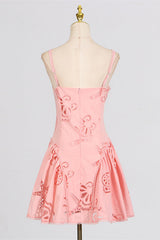 V-neck Pink Hollow A-line Short Dress