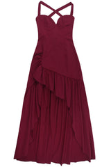 V-neck Wine Red Ruffle Long Party Dress