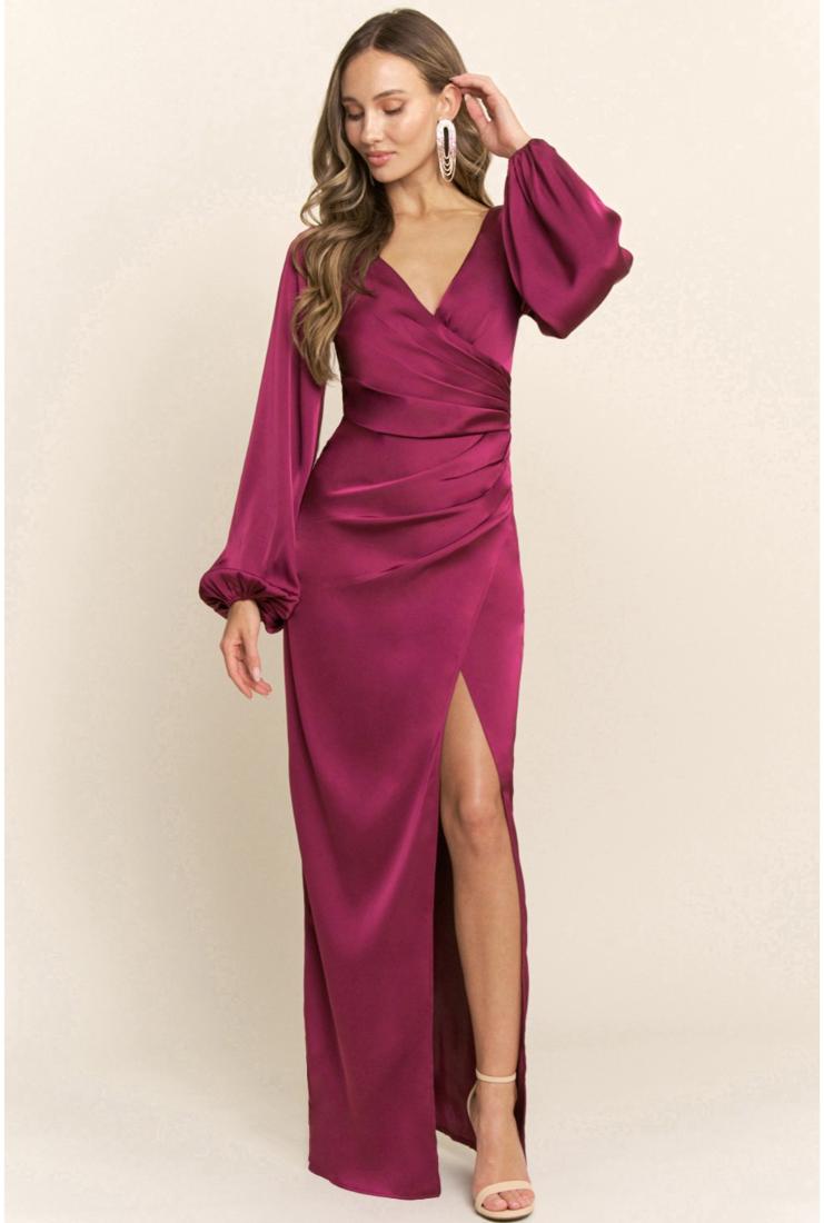 Sloane Long Sleeve Satin Maxi Dress - Berry