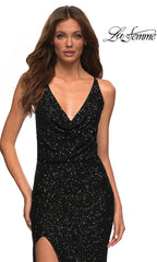 La Femme Long Cowl V-Neck Embellished Prom Dress