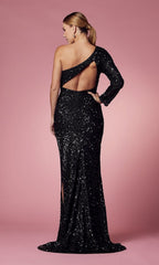One-Shoulder Long Black Sequin Formal Dress