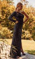 One-Shoulder Long Black Sequin Formal Dress