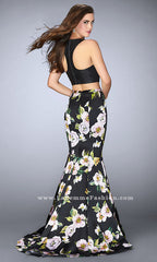Two Piece Black Print High Neck Prom Dress