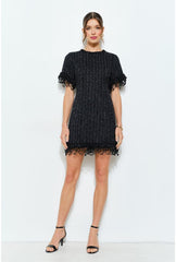 Iris Beaded Fringe Tweed Mini Dress - Black