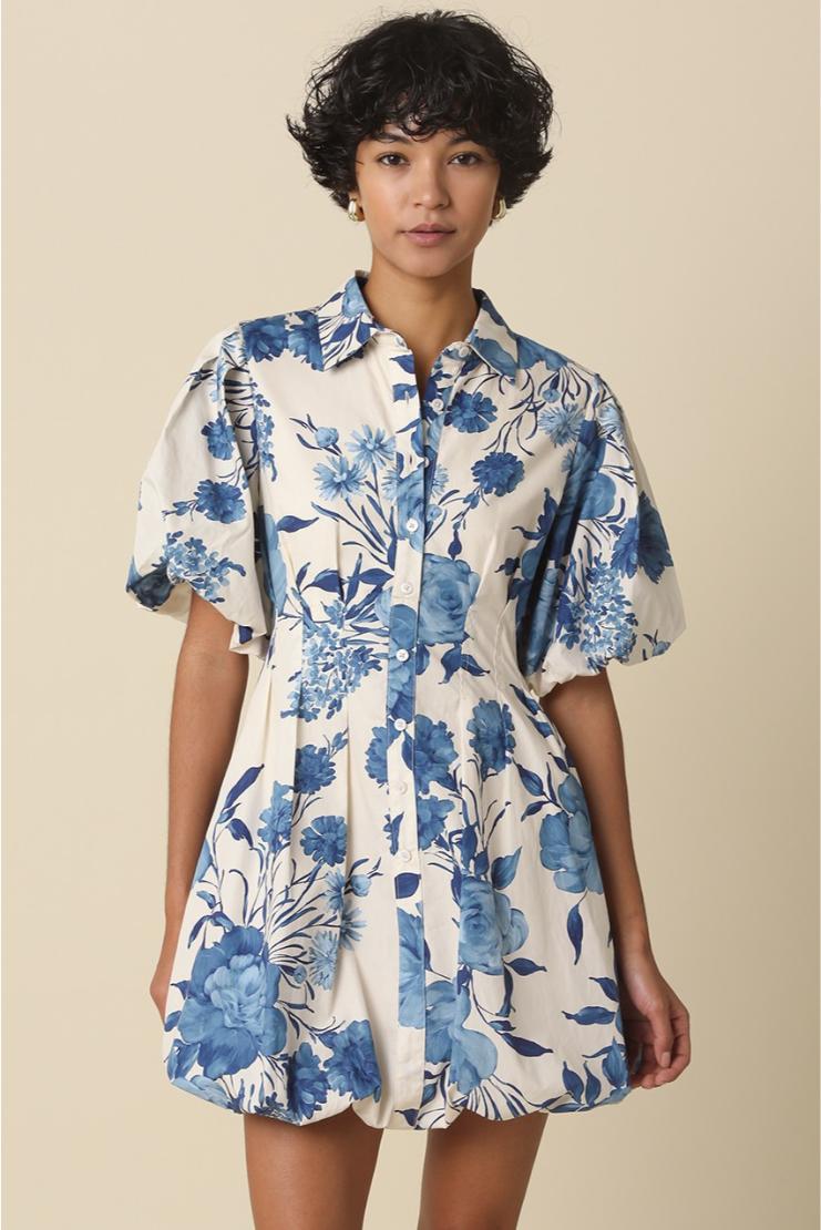 Bonnie Florals Collared Button Up Puff Sleeve Mini Dress - Royal Blue