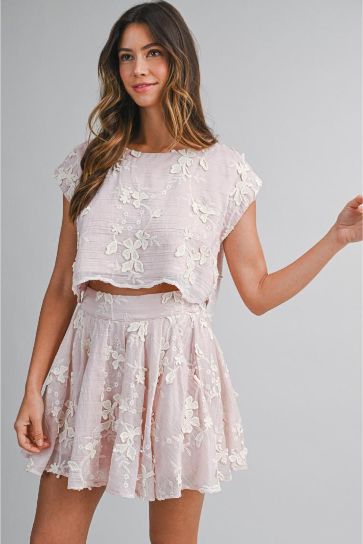 PRE-ORDER ONLY! ETA May 15th!  Isabella Floral Applique Embroidered Crop Top and Mini Skirt (Sold Separately) Blush Pink