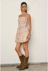 Destiny Floral Ladder Lace Pleated Flared Mini Dress