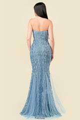 Briella Dusty Blue Tulle & Sequin Bustier Gown