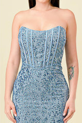 Briella Dusty Blue Tulle & Sequin Bustier Gown