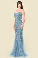 Briella Dusty Blue Tulle & Sequin Bustier Gown