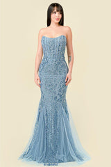 Briella Dusty Blue Tulle & Sequin Bustier Gown