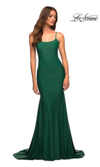 Low V-Back La Femme Long Prom Dress with Train