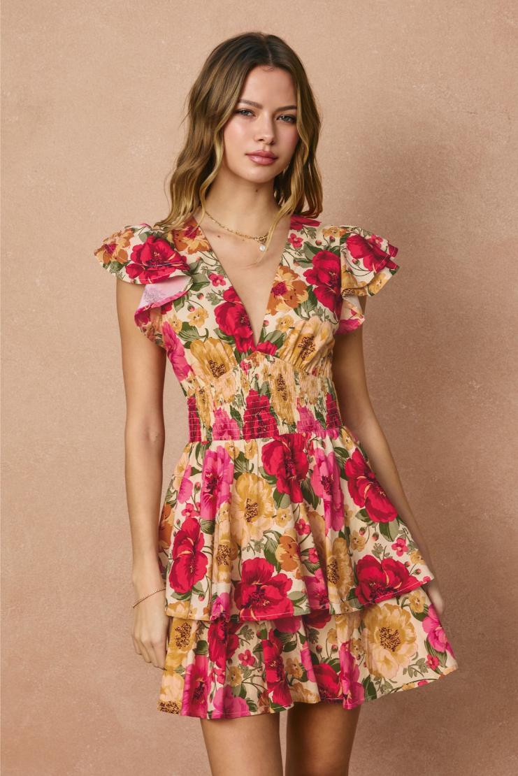 Lolita Ruffled Floral Mini Dress - Fuchsia