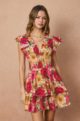 Lolita Ruffled Floral Mini Dress - Fuchsia