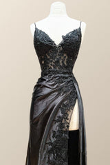 Straps Black Appliques Long Formal Dress with Slit