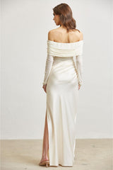 Amara Off Shoulder Pearl Tulle & Satin Maxi Dress - Ivory