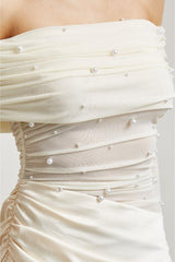 Amara Off Shoulder Pearl Tulle & Satin Maxi Dress - Ivory