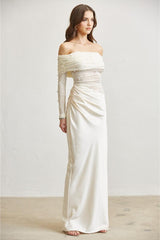 Amara Off Shoulder Pearl Tulle & Satin Maxi Dress - Ivory