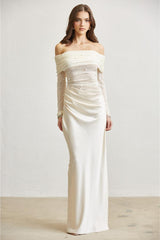 Amara Off Shoulder Pearl Tulle & Satin Maxi Dress - Ivory